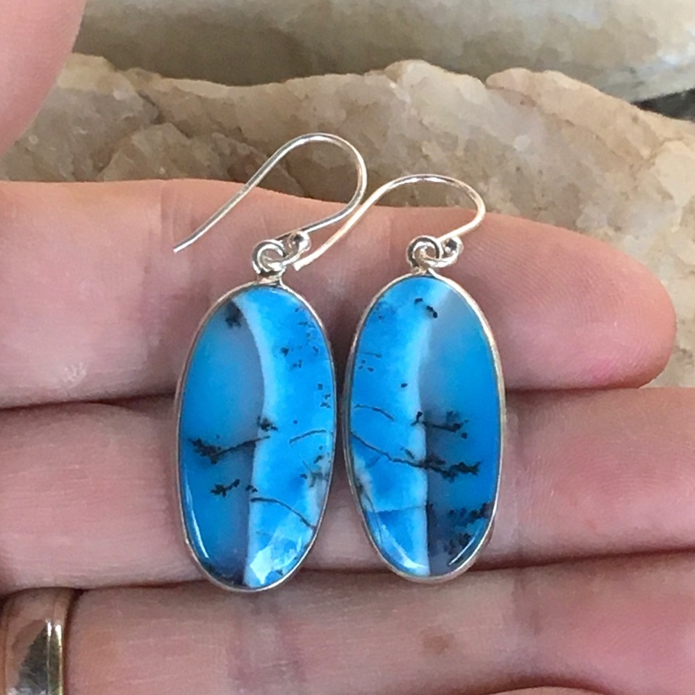 Blue dendritic opal merlinite sterling earrings NWT